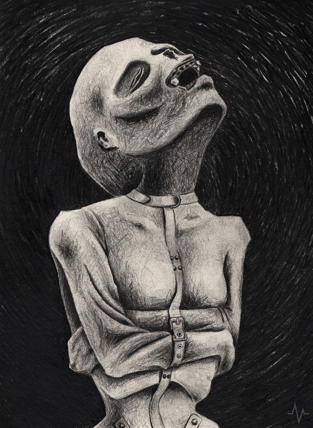 09. BLACKSERIES | HER BONES BIND THE VOID WITHIN Black and white pencil drawing by Hilbert van der Staal, het hart van Bron of a figure in a straitjacket looking up desperately. Drawing is part of the VEINWORK - BlackSeries
