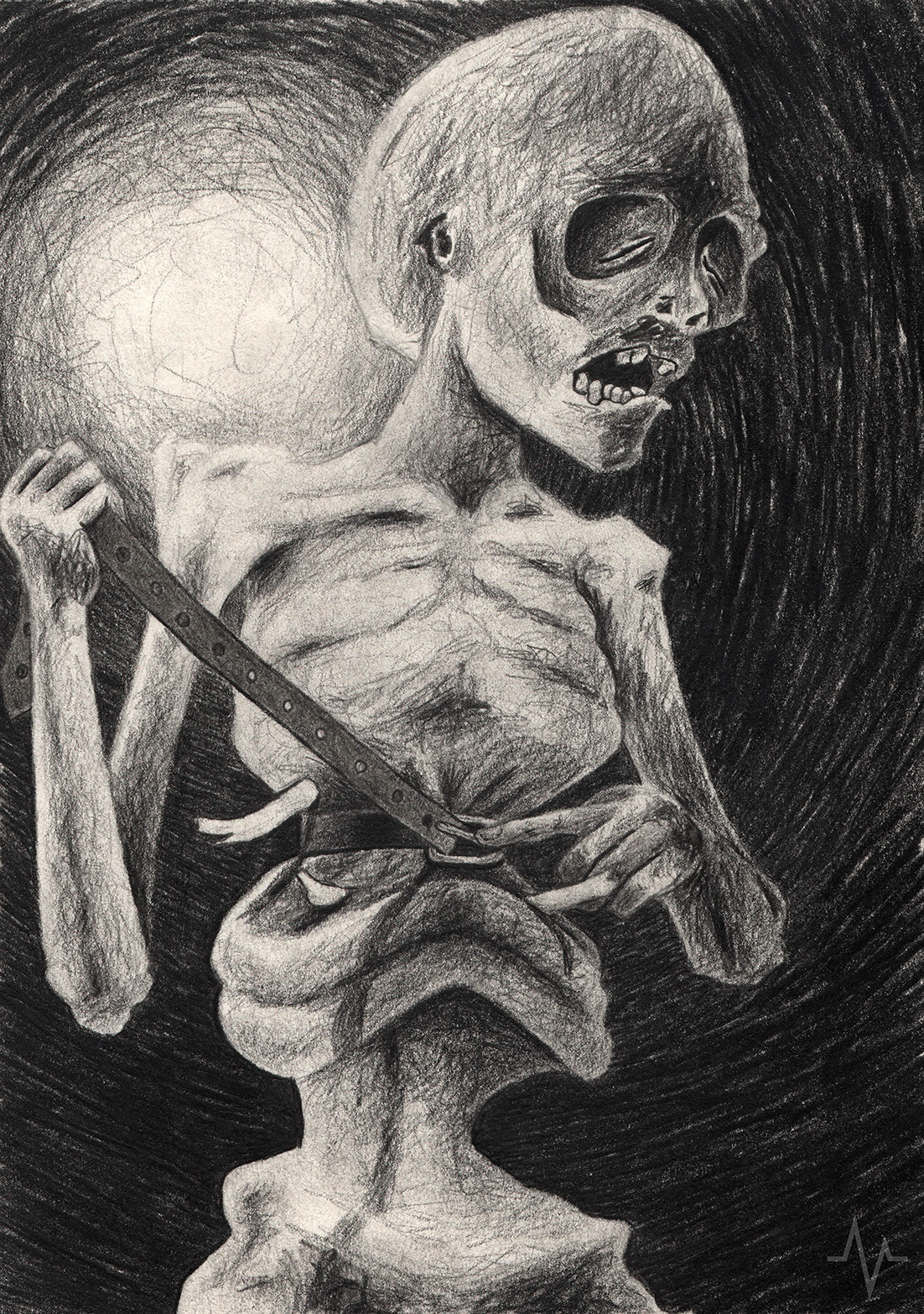 11. BLACKSERIES | SPLITCAGE Black and white pencil drawing by Hilbert van der Staal, het hart van Bron of a figure with a belt around hid chest and pulling it tighter untill his ribs crack. Drawing is part of the VEINWORK - BlackSeries