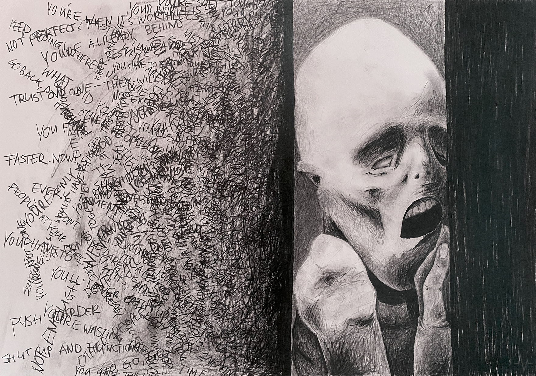 15. BLACKSERIES | DEADLINE Black and white pencil drawing by Hilbert van der Staal, het hart van Bron of a figure in smudged between a wall of inner voices. Drawing is part of the VEINWORK - BlackSeries