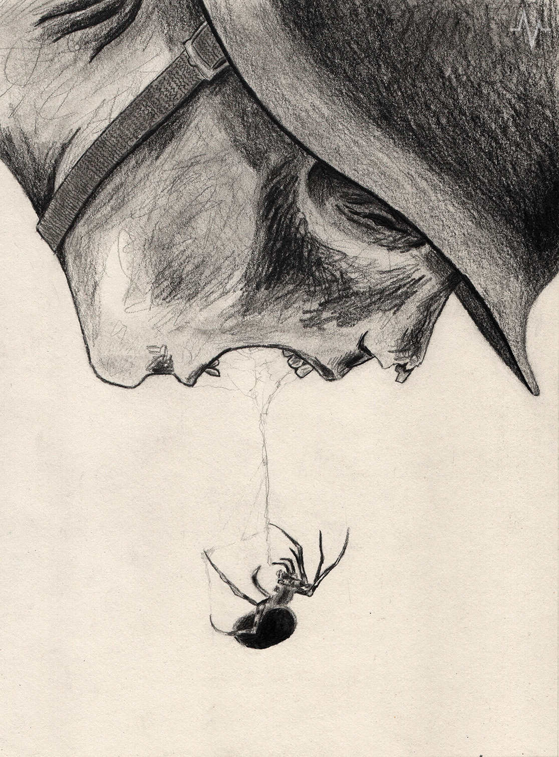 18. BLACKSERIES | INHERITANCE Black and white pencil drawing by Hilbert van der Staal, het hart van Bron of a figure wearing a WWII war helmet looking down with his mouth wide open. Out of his mouth a spider is hanging on a thread. Drawing is part of the VEINWORK - BlackSeries