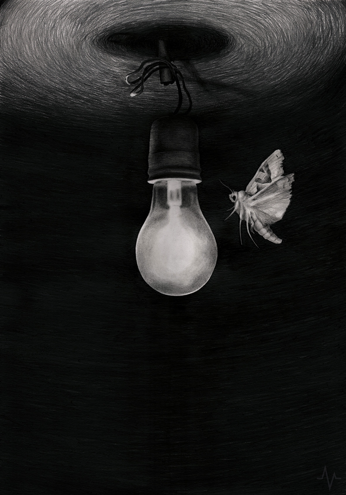32. BLACKSERIES | ONE DAY I WILL FLY - IT WILL BE MY DEATH Black and white pencil drawing by Hilbert van der Staal, het hart van Bron of a moth flying towards the light bulb. Drawing is part of the VEINWORK - BlackSeries
